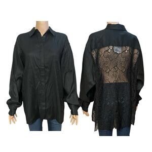H&M Linen Blend Lace Back Tunic Shirt Small Oversized Black Button Down Casual